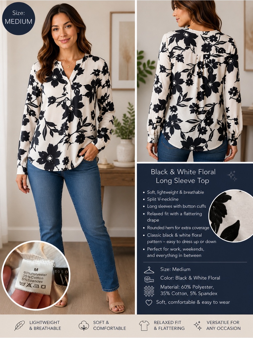 Black & White Floral Split V-Neck Long Sleeve Top